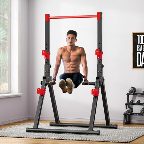 soges Foldable Power Tower, Pull Up Dip Station for Home Gym, 500 LBS Capacity Power Tower with Triangular Design, Adjustable Height Pull Up Bar for Full Body Workout - color: Red