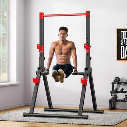 soges Foldable Power Tower, Pull Up Dip Station for Home Gym, 500 LBS Capacity Power Tower with Triangular Design, Adjustable Height Pull Up Bar for Full Body Workout - color: Red