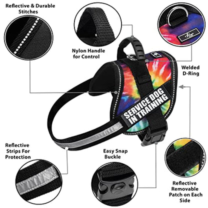Doggie Stylz Service Dog in Training Vest 2 Hook and Loop Removable Reflective Patches, Straps and Handle – Harness Comes in Sizes XXS to XXL and 4 Colors (Girth 12-16", Tie Dye) - color: Tie Dye, size: Girth 12-16"