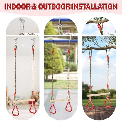 LadyRosian Wooden Trapeze Swing Bar, Adjustable Height Swing Set, Gym Rings, Playground Attachments, 16.5" Monkey Bar for Backyard, Playground, Playroom (Red) - color: Red