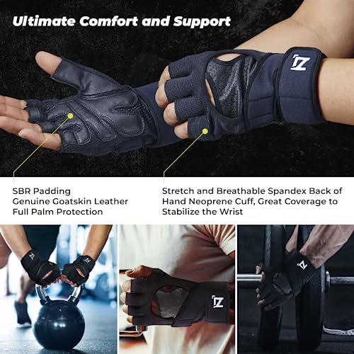 OOZi Fingerless Workout Gloves for Men Women with Wrist Wrap Support for Weight Lifting, Gym, Workout, Exercise, Fitness Training, Durable Genuine Leather Palm Grips