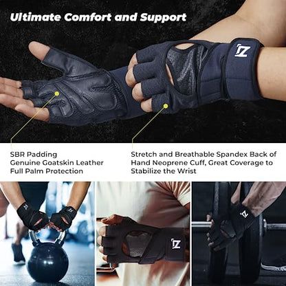 OOZi Fingerless Workout Gloves for Men Women with Wrist Wrap Support for Weight Lifting, Gym, Workout, Exercise, Fitness Training, Durable Genuine Leather Palm Grips