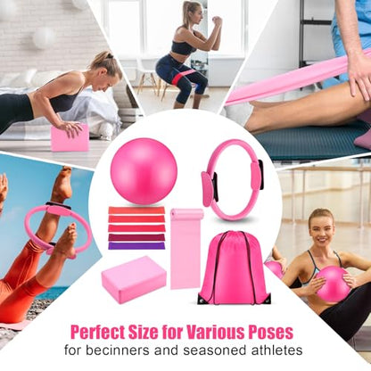 10 Pcs Pilates Ring Blocks Set for Women Home Yoga Equipment Accessories Pilates Ring Circle and Ball Workouts Gift Include Ball Yoga Circle Resistance Bands Block Straps Gym Bag - color: Pink