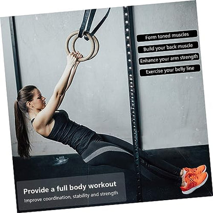 POPETPOP Gymnastic Rings Straps Solid Wood Gym Rings Fitness Equipment for Pull Ups Dips and Strength Training