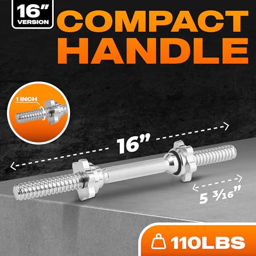 Yes4All Threaded Dumbbell Handles, Adjustable Dumbbell Bar Pair, 14/16/18/24-Inch Sizes, Fits 1" or 1.15" Plates, Non-Slip Grip, Secure Star-Lock Collars - color: 16"- Chrome - Silver, size: 1 inch