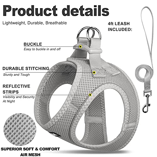 Fida Comfy Dog Harness with Leash, Soft Puppy Vest Escape Proof, Breathable Lightweight Soft Mesh, Adjustable Reflective Step-in Harness for Cat & Extra-Small Pet (XS, Grey) - color: Light Gray, size: XS (Neck:12.2"-13"; Girth:14.2"-16.1")
