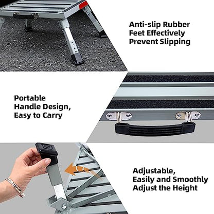Homeon Wheels 19" x 14.5" Large RV Step Stool, Adjustable Height Aluminum Folding Platform Step and Ladder with Non-Slip Rubber Feet, More Stable Supports Up to 1,500lbs Safety RV Steps - color: Gray Large