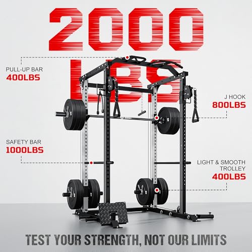 DP01 Power Cage, 2000LBS Squat Rack with Cable Crossover and Dual Independent Pulley System, Full Cage for Full Body Training, Power Rack with More Training Attachments for Home Gym