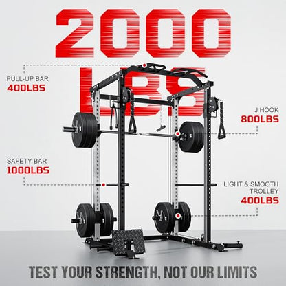 DP01 Power Cage, 2000LBS Squat Rack with Cable Crossover and Dual Independent Pulley System, Full Cage for Full Body Training, Power Rack with More Training Attachments for Home Gym