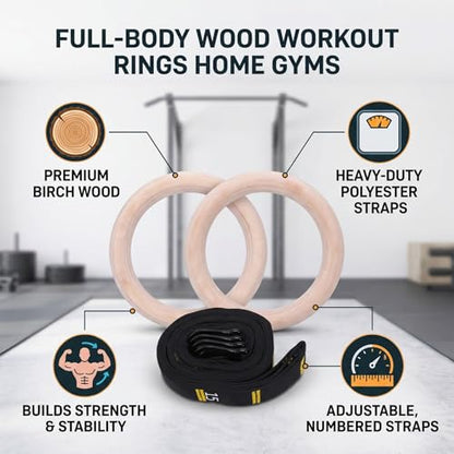 Luocute Gymnastics Rings, Premium Birch Wood with No Burr Finish Numbered Straps for Home Gym Workout, 2 Rings for Upper Body Exercise, Multi Workout Rope Cable Machine Attachment