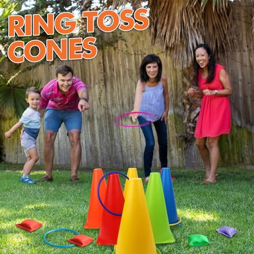 31 Pcs. Plastic Cones and Rings Games Ring Toss Games for Adults, Carnival Games for Kids, Bean Bag for Kids Games Birthday Party, Yard Game, Sports & Outdoor Game for Family Party