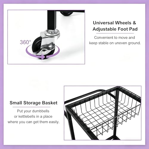 Workout Equipment Storage Rack Metal Yoga Mat Storage Rack, Weight Cart Home Gym Storage Rack with Wheels for Dumbbells, Yoga Mats, Kettlebells, Foam Rollers