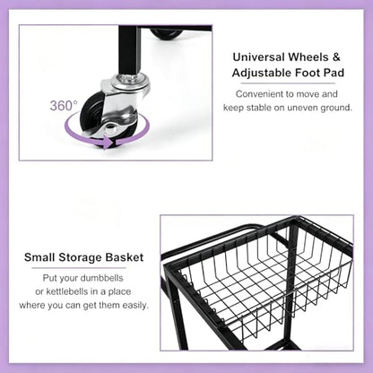 Workout Equipment Storage Rack Metal Yoga Mat Storage Rack, Weight Cart Home Gym Storage Rack with Wheels for Dumbbells, Yoga Mats, Kettlebells, Foam Rollers