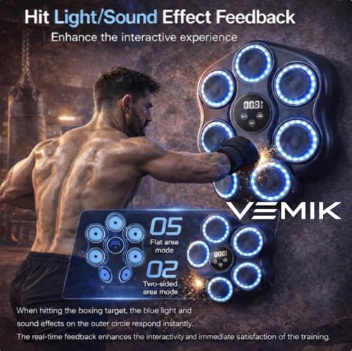 Smart Music Boxing Machine 4 in 1 with LED Punch Targets, Wall Mounted Reaction Trainer Bundle with Boxing Ball Headband, MMA Gloves & Hand Grip Strengthener for Home Fitness Training