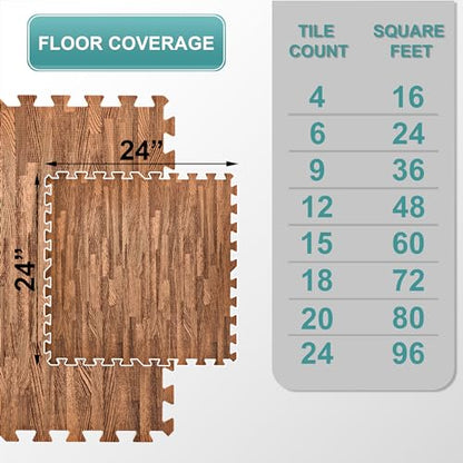 Sorbus Wood Grain Floor Tiles Foam Mat EVA Interlocking Mats Tile 3/8-Inch Thick Flooring Wood Puzzle Exercise Mats w/Borders - Home Playroom Basement, Apartment, Trade Show, Baby, Dance