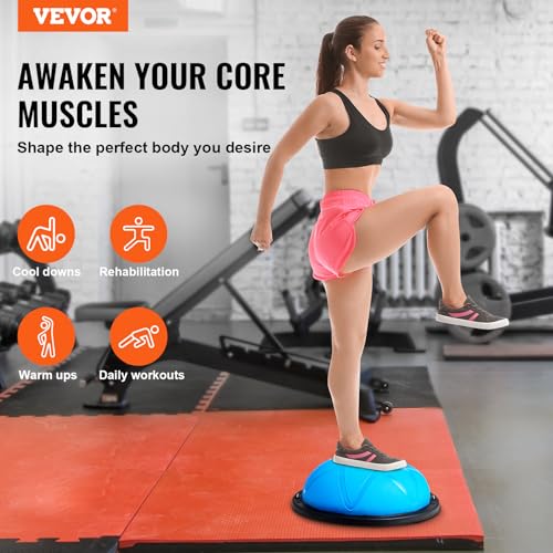 VEVOR Half Exercise Ball Trainer, 23/26 inch Balance Ball Trainer, 1500lbs Capacity Stability Ball, Yoga Ball with Resistance Bands & Foot Pump, Strength Fitness Ball for Home Gym Full Body Workout - color: 23" Particle Blue