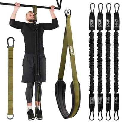 Pull Up Assistance Bands - 4 Heavy Duty Pull Up Bands with Adjustable Strap and Foot Rest - Stackable Pull Up Assist Band Set for Pull Up Bar - Resistance Bands for Pull Ups Chin Ups Strength Training - color: Military Green