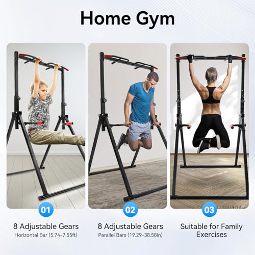 450 Lbs Pull Up Bar, Foldable Pull Up Bar Free Standing with 2 Wrenches, 5.74-7.55ft Adjustable Height Pull Up Dip Station Power Tower for Living Rooms, Bedrooms, Gyms, Sports Centers, Home