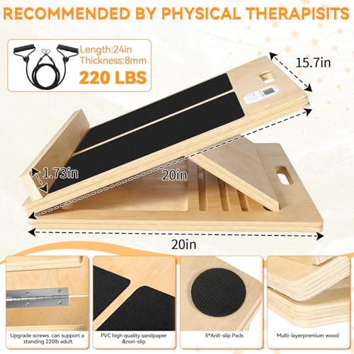 15.7x20 Inches Anti-Slip Slant Boards for Exercise, Adjustable Wooden Slant Board for Calf Stretching with Stretch Strap, for Leg, Knees, Heel, Ankle,Stretching, Plantar Fasciitis (220 LBS Capacity) - size: Large