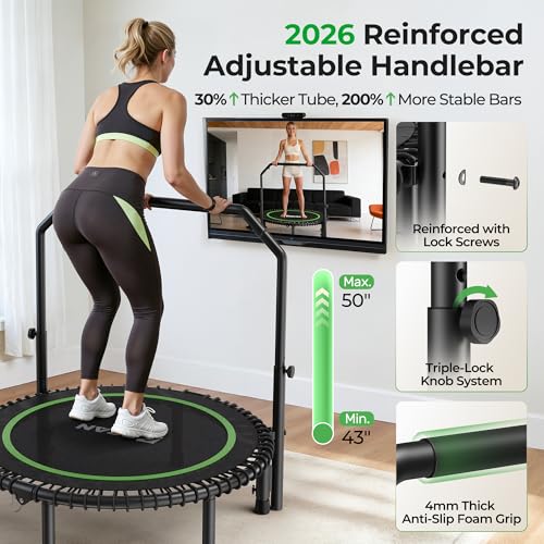 BCAN BT2 450/550LBS Mini Rebounder Trampoline for Adults with Bar, Fitness Trampoline with Bungees, Adjustable Handle, Stable & Quiet, Indoor Outdoor, Whole-Body Workout - 40IN/48IN | FED Fitness