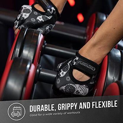Contraband Pink Label 5237 Womens Designer Workout Gloves | Sugar Skull Print w/Grip-Lock™ Padding (Gray, X-Small) - color: Gray, size: X-Small