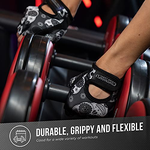 Contraband Pink Label 5237 Womens Designer Workout Gloves | Sugar Skull Print w/Grip-Lock™ Padding (Gray, Medium) - color: Gray, size: Medium