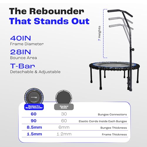MXL Maximus PRO Bungee Rebounder - Premium 40" Indoor Mini Trampoline for Adults, Quiet Soft Bounce with 60 Connectors, Foldable Legs, DVD & Online Workouts, 400lb