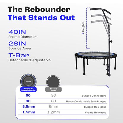 MXL Maximus PRO Bungee Rebounder - Premium 40" Indoor Mini Trampoline for Adults, Quiet Soft Bounce with 60 Connectors, Foldable Legs, DVD & Online Workouts, 400lb - style: With T Bar