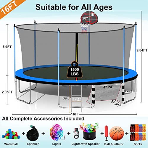 10 12 14 16ft Trampoline with Sprinkler, Lights, Water Ball, Socks, 1500LBS Outdoor Trampoline for Kids and Adults, ASTM Approved, Recreational Trampolines with Basketball Hoop, Enclosure Net