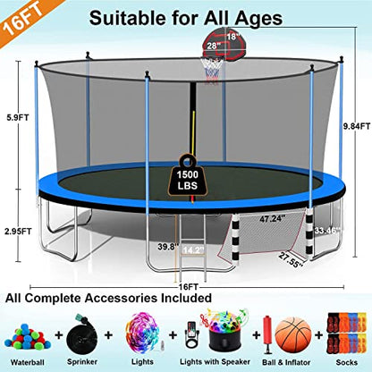 10 12 14 16ft Trampoline with Sprinkler, Lights, Water Ball, Socks, 1500LBS Outdoor Trampoline for Kids and Adults, ASTM Approved, Recreational Trampolines with Basketball Hoop, Enclosure Net