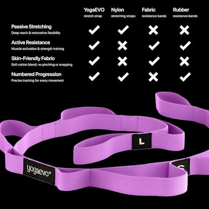 YOGA-EVO Elastic Stretching Strap with Loops for Physical Therapy - Stretch & Activate Muscles - Increase Mobility & Recovery - Soft Cotton & Spandex - Includes Carrying Pouch & Video Exercises - color: Purple