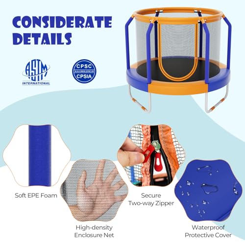 GYMAX Trampoline for Kids, 48” Toddler Trampoline with Enclosure Net, Non-Slip Handrail & Anti-Slip Foot Pads, Mini Kids Trampoline for Indoor/Outdoor, Backyard, Birthday Gift for Boys Girls