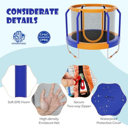 GYMAX Trampoline for Kids, 48” Toddler Trampoline with Enclosure Net, Non-Slip Handrail & Anti-Slip Foot Pads, Mini Kids Trampoline for Indoor/Outdoor, Backyard, Birthday Gift for Boys Girls