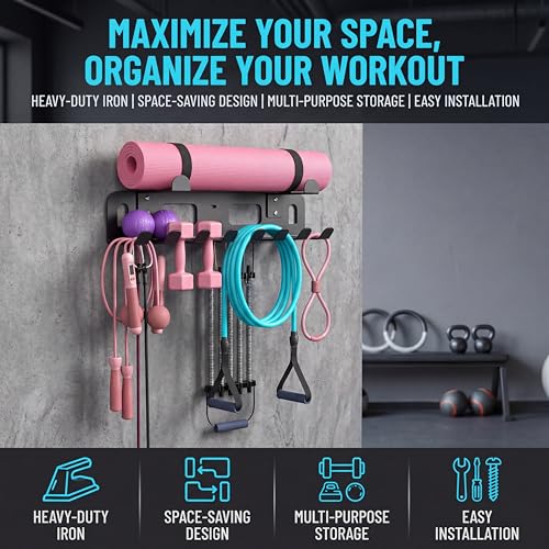 Heavy-Duty Metal Gym Storage Rack, Wall-Mounted Multi-Purpose Home Gym Organizer for Yoga Mat, Resistance Bands, Jump Ropes, Weight Belts - Space-Saving Garage Gym Storage with Removable Hooks