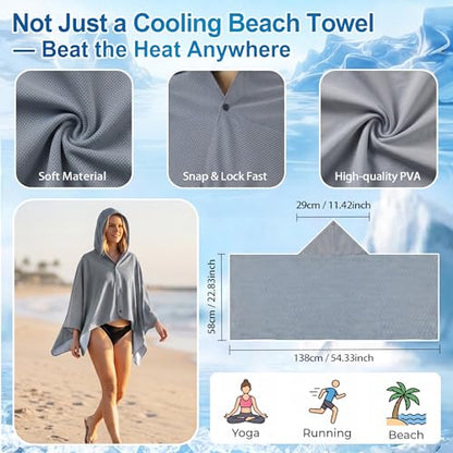 Cooling Hooded Beach Towel Cloak for Men Women - UPF 50+ Sun Proteciton Double Layer PVA Fabric Cool Towel Cape, Instant Cooling Soft Ice Towelfor Beach Yoga Camping (Gray) - color: Gray