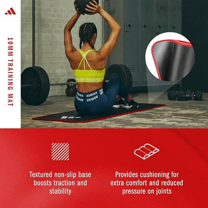 adidas 10mm Extra Thick Training Mat with Carrying Strap and Non-Slip Textured Base - Cushioned Workout Mat for Home Gym, Floor Workouts, and Intense Exercises - Portable and Durable