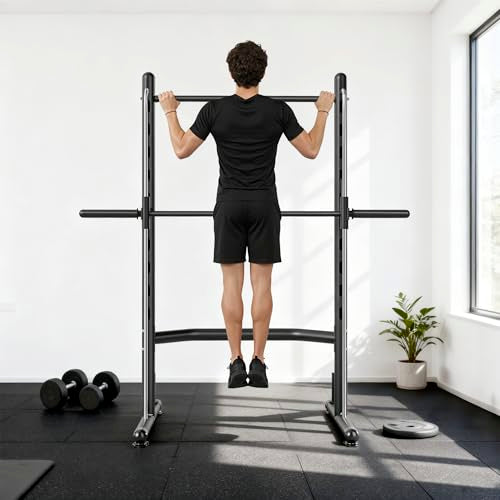 Soozier Squat Rack with Pull-Up Bar, Adjustable Power Rack with Barbell Bar, Multi-Functional Steel Bench Press Rack for Home Gym Strength Training, Black