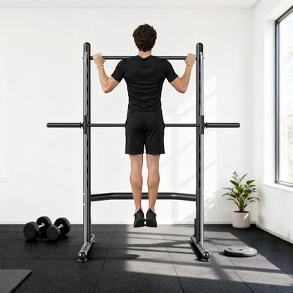 Soozier Squat Rack with Pull-Up Bar, Adjustable Power Rack with Barbell Bar, Multi-Functional Steel Bench Press Rack for Home Gym Strength Training, Black