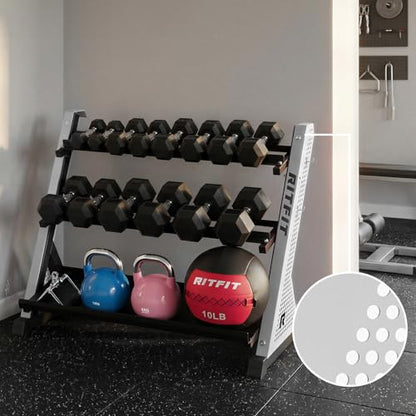 RitFit Rubber Hex Dumbbell Set with Storage Weight Rack - style: 650 LBS with 3-Tier Silver Rack
