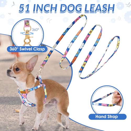 Lukovee No Pull Puppy Harness and Leash Set - Adjustable Lightweight Soft Suede Pet Harness Vest, with Snap Buckle & 51in Leash for Small Medium Dogs (Blue Flower, XXS) - color: ·Blue Flower, size: XX-Small ( 2.2-6lb )