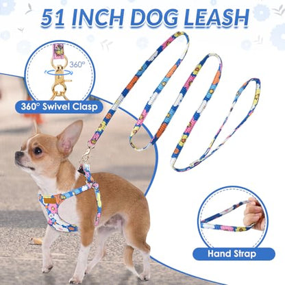 Lukovee No Pull Puppy Harness and Leash Set - Adjustable Lightweight Soft Suede Pet Harness Vest, with Snap Buckle & 51in Leash for Small Medium Dogs (Blue Flower, XXS) - color: ·Blue Flower, size: XX-Small ( 2.2-6lb )