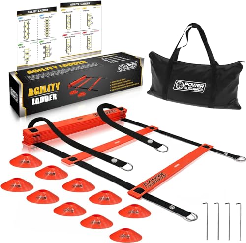 POWER GUIDANCE Agility Ladder (20 Feet) with Cones for Speed Agility Training & Quick Footwork Exercise - Soccer & Football Training Equipment for Adults, Youth & Kids - color: Red