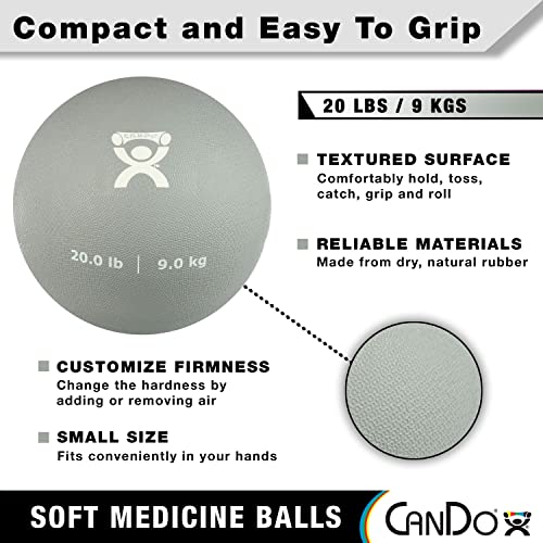 CanDo Soft Medicine Ball 9" Diameter 20lb Silver Exercise Ball for Physical Therapy and Fitness Exercises, Easy Grip Rubber Weighted Ball for Workouts - size: 20 Pound