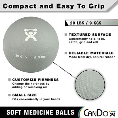 CanDo Soft Medicine Ball 9" Diameter 20lb Silver Exercise Ball for Physical Therapy and Fitness Exercises, Easy Grip Rubber Weighted Ball for Workouts - size: 20 Pound