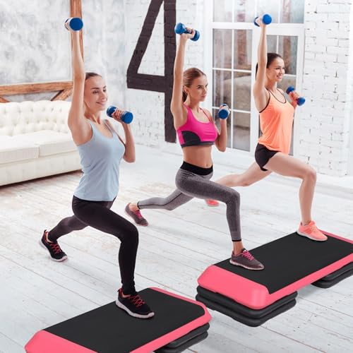 43'' Wide Adjustable Aerobic Step Platform - 4 Stackable Risers for Home Gym Cardio, Strength & Full-Body Training - color: Pink
