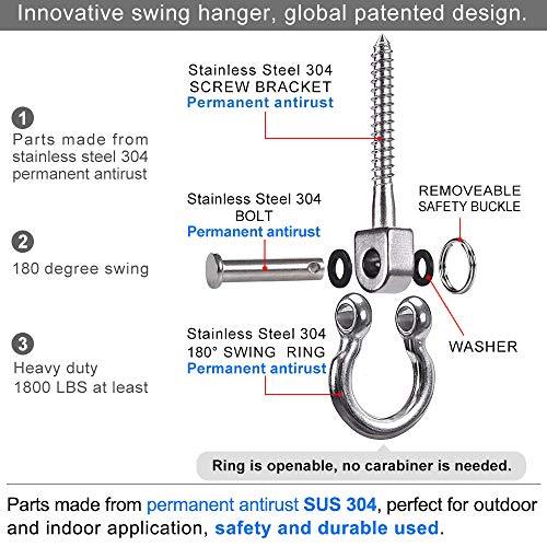 SELEWARE Set of 2 Permanent Antirust 304 Stainless Steel Screw Bracket Heavy Duty 180° Swing Hangers, 1800LB Capacity Playground Yoga Hammock Rope Tire Web Chair Sandbag Punching Bag Porch Swing Sets - color: U (5 inch, 2 Pack)