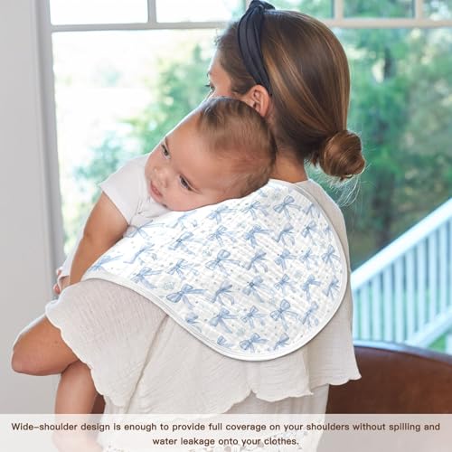 Light Blue Bows Muslin Burp Cloths 1 Pack - Extra Large 22"x11", 4-Layer Soft Absorbent Cotton, Waterproof Backing, Baby Drool Rags for Newborn