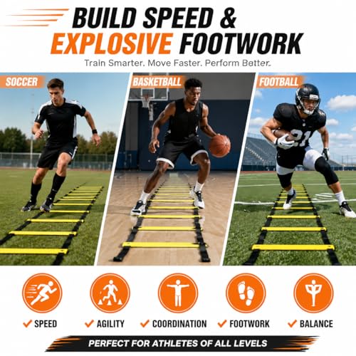 Agility Ladder Speed Training Set with Cones & Carry Bag, Adjustable Soccer Training Equipment for Football, Fitness and Sports Drills - size: includes 22.97ft 13 rungs