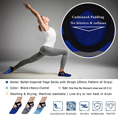Ozaiic Pilates Socks for Women Non Slip Grip Yoga Barefoot Indoor Workout - color: 3 Pairs -Blue/Gray/Dark Blue
