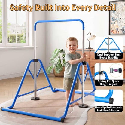 Expandable Gymnastics Bars 45''-61'' with Side Support Bars for Kids - color: Blue with rings
